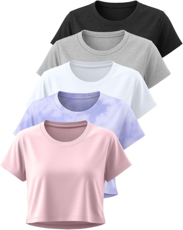 5 Pack: Women Dry Fit Crop Top - Short Sleeve Crew Neck Stretch Athletic Tee (Available in Plus Size)