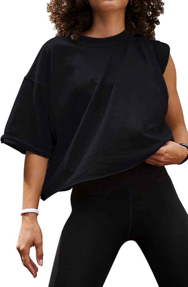 Women Oversize Workout Crop Tops Casual Short Sleeve Drop Shoulder Boxy T-Shirts Roll Hem Basic Loose Yoga Running Tees