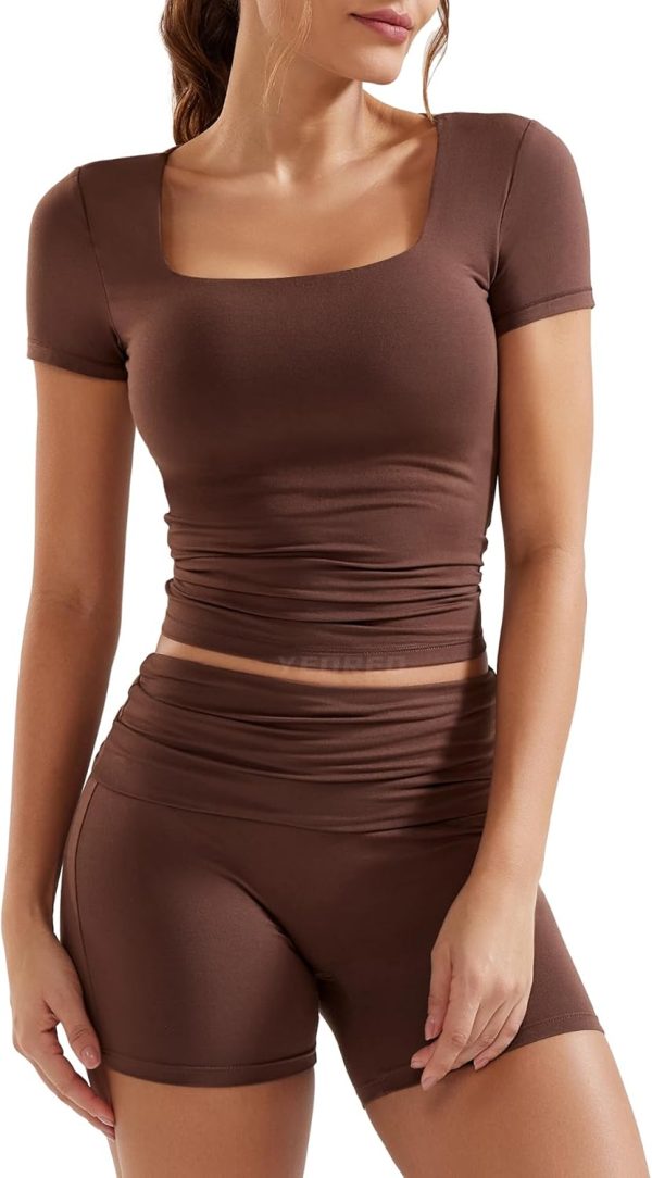 Lounge Sets for Women 2 Piece Short Sleeve Square Neck Tops Casual Outfits Fold Over Shorts Workout Tracksuit