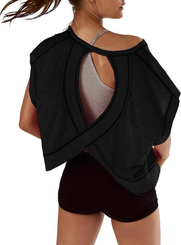 Women Short Sleeve Workout Shirts Open Back Tops Casual Yoga Athletic Gym Slouchy Crop Running Tees