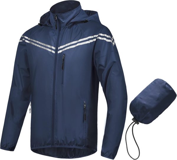 Men's Packable Waterproof Running Rain Coats Reflective Cycling Jacket Windbreaker With Removable Hood